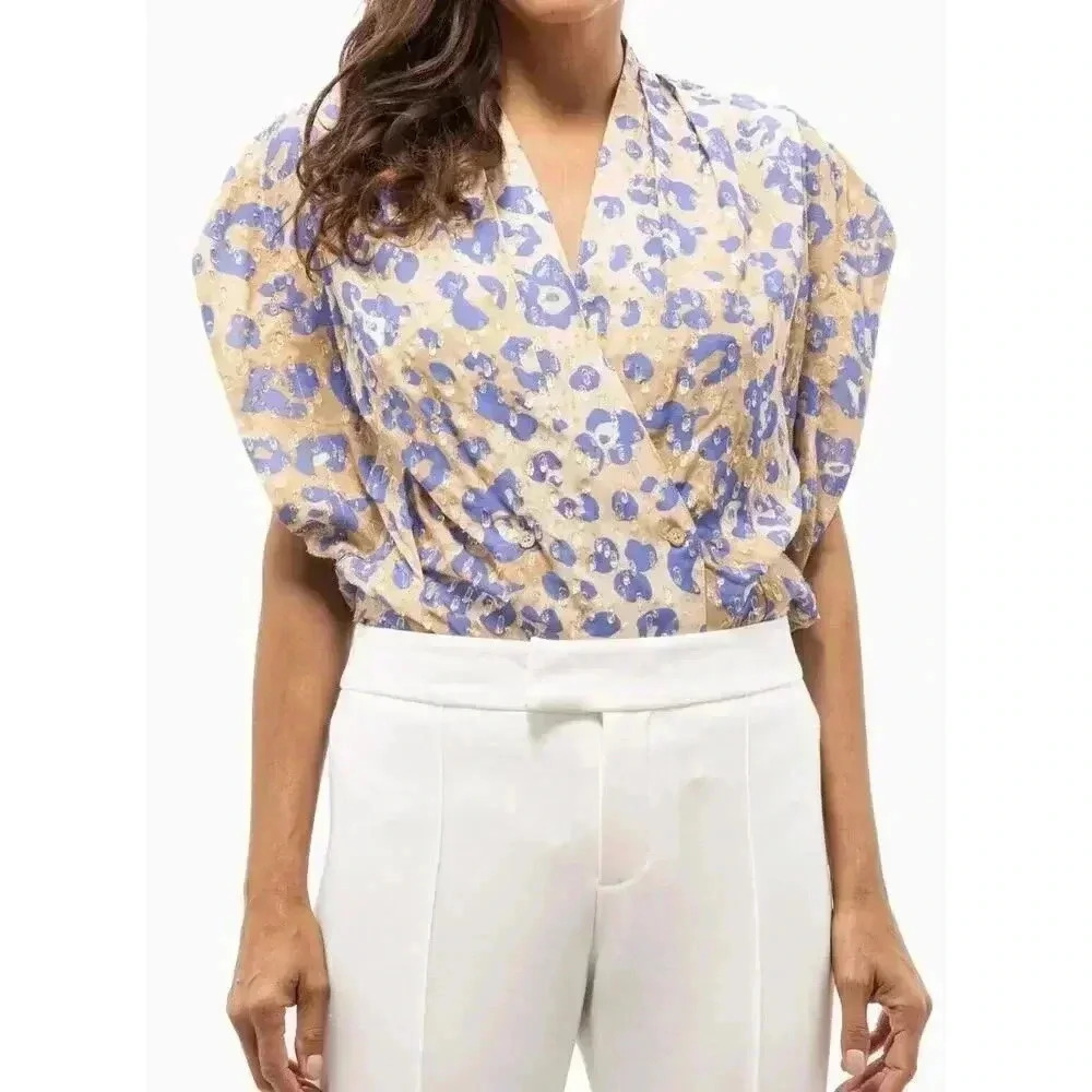 SMYTHE Yoda Blouse XS S 0 2 4 Metallic Leopard Double Breasted Drapey Top $495